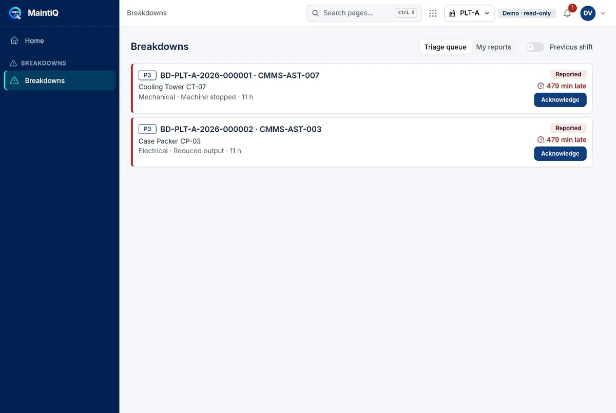 Breakdowns triage queue with two open reports, priority tags, minutes late and Acknowledge buttons