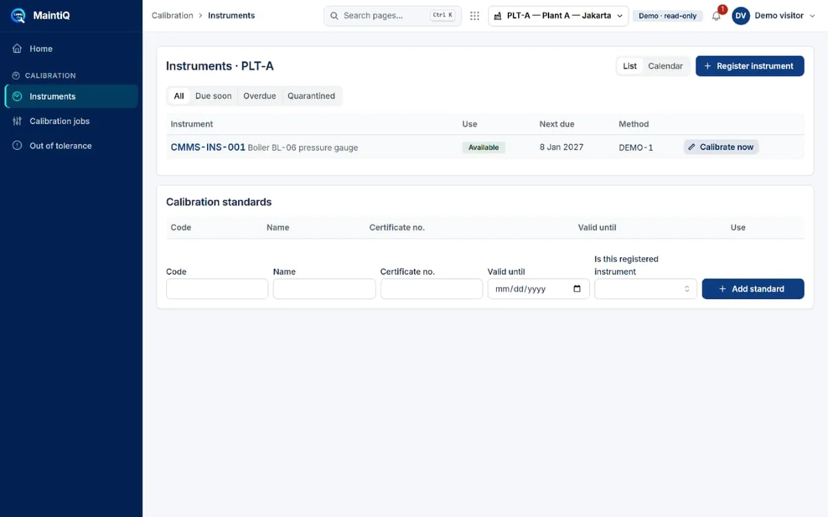 Calibration instruments page with a boiler pressure gauge, its next due date and a Calibrate now button