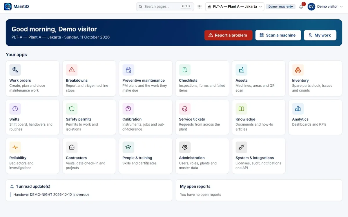 MaintiQ CMMS home screen with sixteen app tiles including work orders, breakdowns, preventive maintenance and inventory