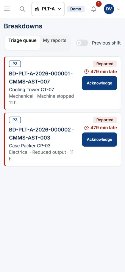 Breakdowns triage queue on a phone with Acknowledge buttons
