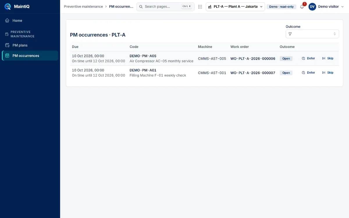 PM occurrences table with due dates, linked work orders and Defer or Skip actions