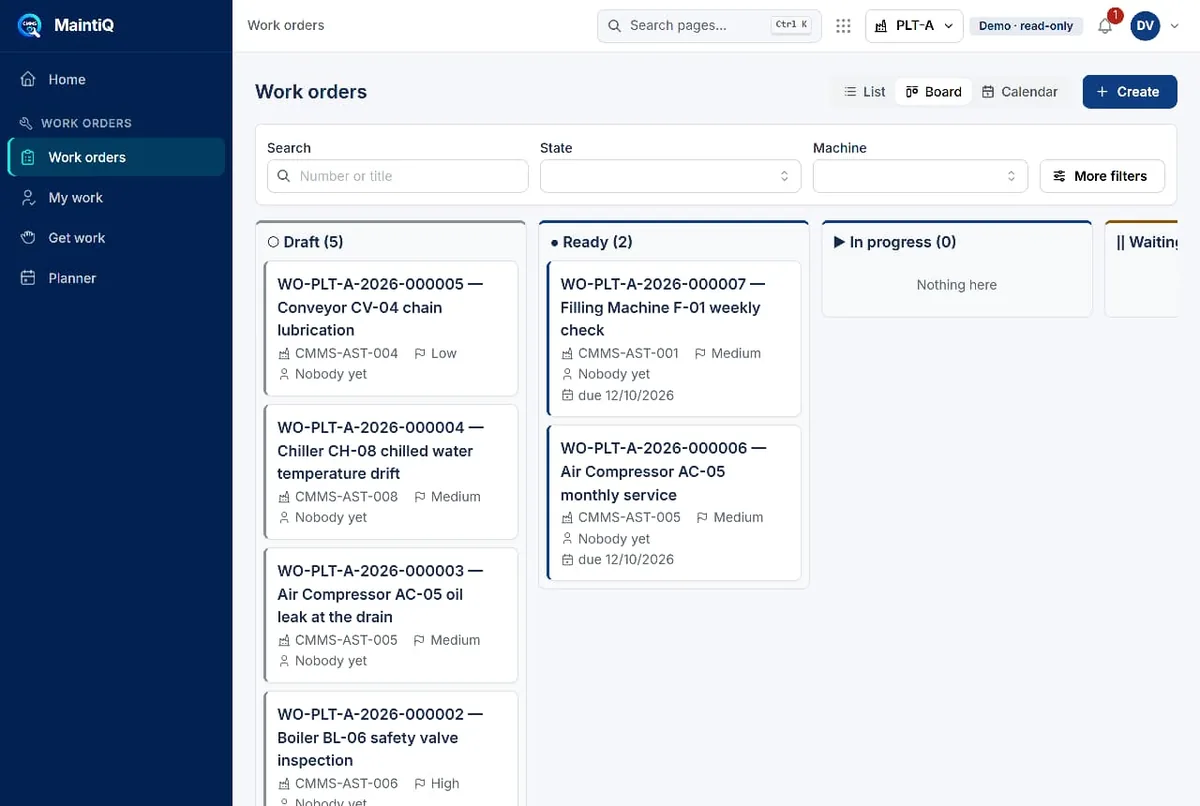 MaintiQ CMMS work orders board with Draft and Ready columns, machine codes, priorities and due dates