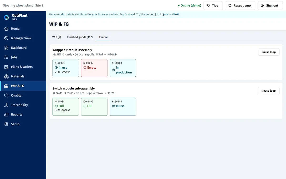Kanban board with cards in different states