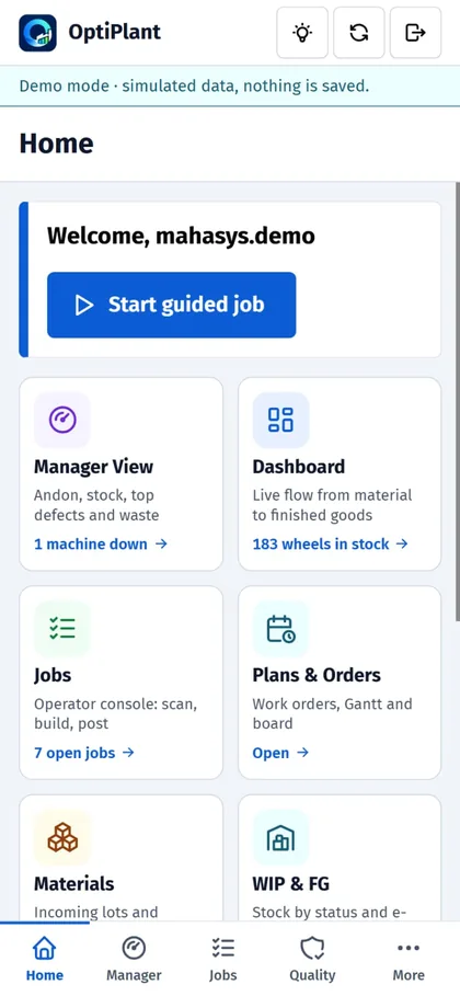 Home screen on a phone with module tiles and bottom navigation