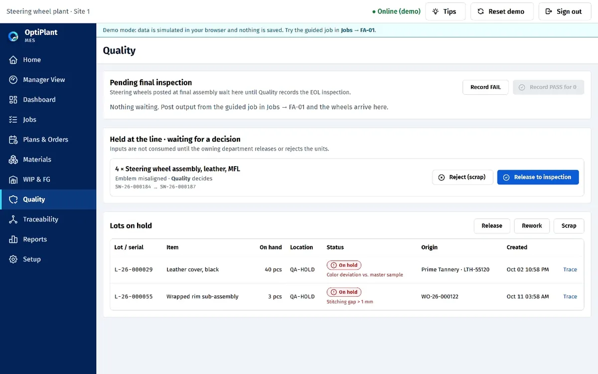 Quality page with a held group of wheels and Release or Reject buttons