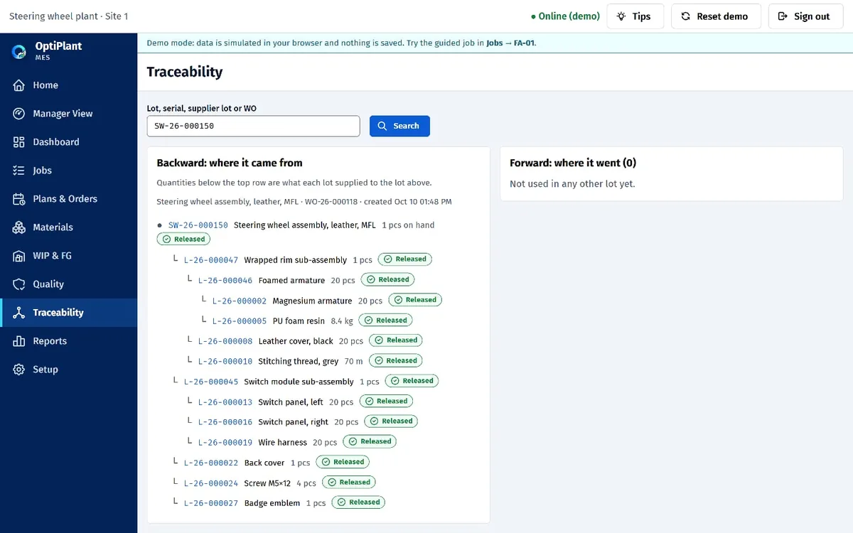Traceability page with a backward genealogy tree for a steering wheel serial